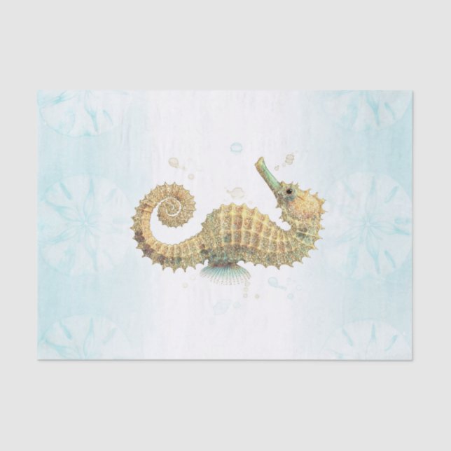 Seahorse Teal & Gold Watercolor Coastal Beach Tissue Paper (Front)