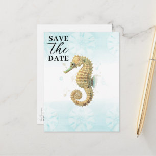 Seahorse Teal & Gold Watercolor Save the Date Announcement Postcard