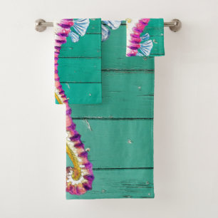 seahorse teal wood bath towel set