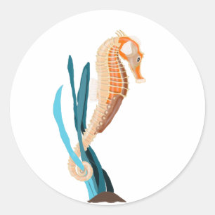 Seahorse tethered on Seaweed Classic Round Sticker