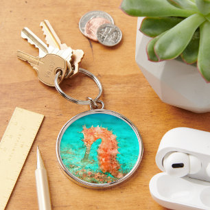 Seahorse tropical carribean turquoise orange  key ring