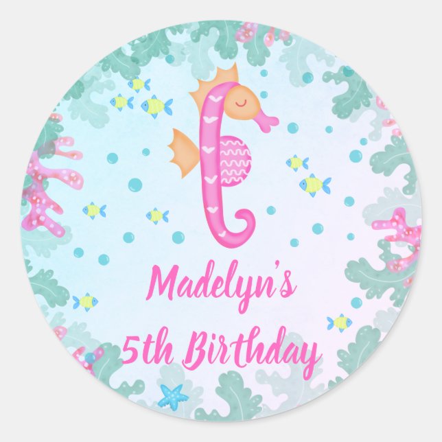 Seahorse Under The Sea Birthday Classic Round Sticker (Front)