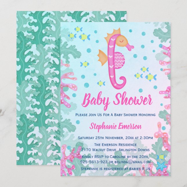 Seahorse Under The Sea Blue Baby Shower Invitation (Front/Back)