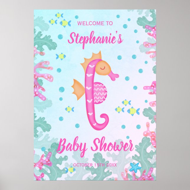 Seahorse Under The Sea Blue Baby Shower Poster (Front)