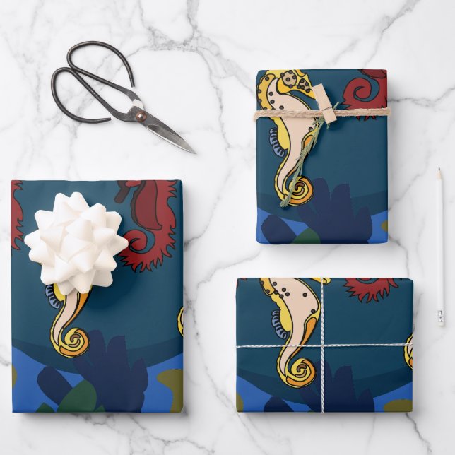 Seahorse Under The Sea Coastal Seaside Birthday Wrapping Paper Sheet (Front)