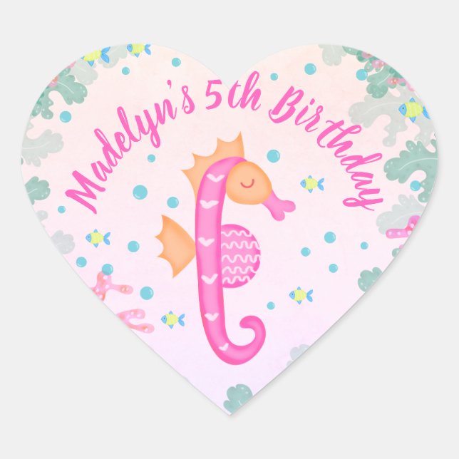 Seahorse Under The Sea Pink Birthday Heart Sticker (Front)
