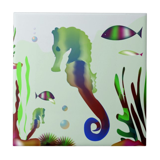 Seahorse Underwater Scene Watercolor Tile (Front)