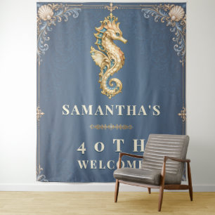 Seahorse vintage blue beach birthday welcome tapestry