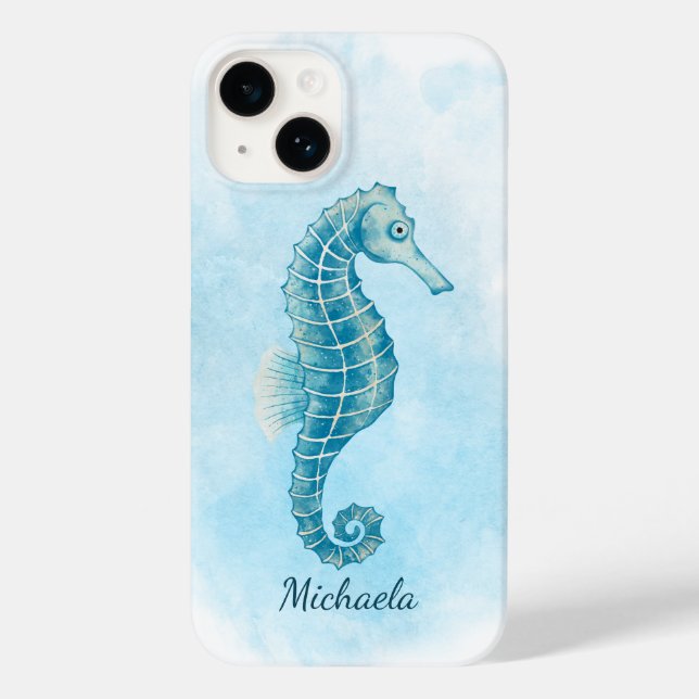Seahorse Watercolor Coastal Name Case-Mate iPhone Case (Back)