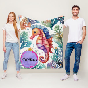 Seahorse Watercolor Print Fleece Blanket