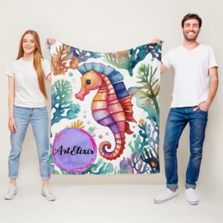 Seahorse Watercolor Print Fleece Blanket