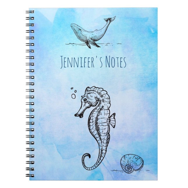 Seahorse, Whale and Seashell on Blue Watercolor Notebook (Front)