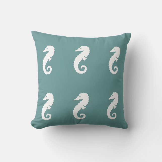 SEAHORSE WHITE on BLUE GREY pillow (Front)