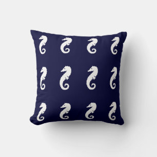 SEAHORSE WHITE on NAVY BLUE PILLOW