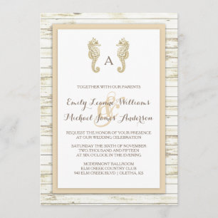 Seahorse Whitewashed Wood Beach Wedding Invitation