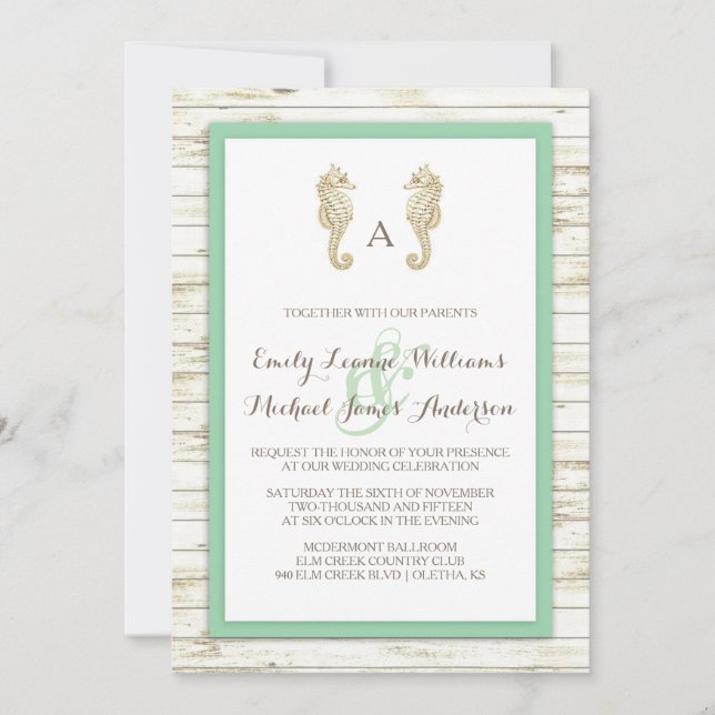 Seahorse Whitewashed Wood Beach Wedding Invitation (Front)
