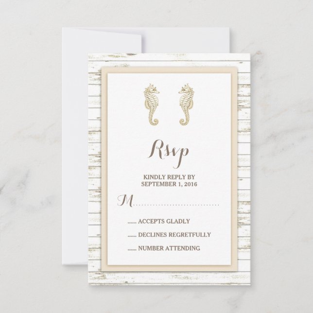Seahorse Whitewashed Wood Beach Wedding RSVP (Front)
