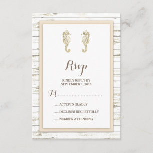 Seahorse Whitewashed Wood Beach Wedding RSVP Card