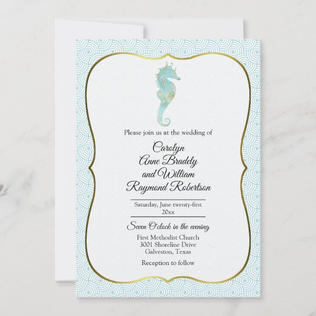 Seahorse with Aqua Wave Frame Wedding Invitation (Front)