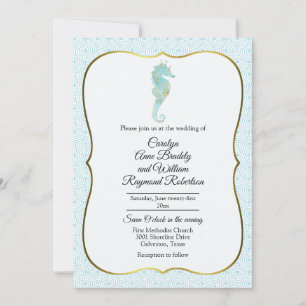 Seahorse with Aqua Wave Frame Wedding Invitation