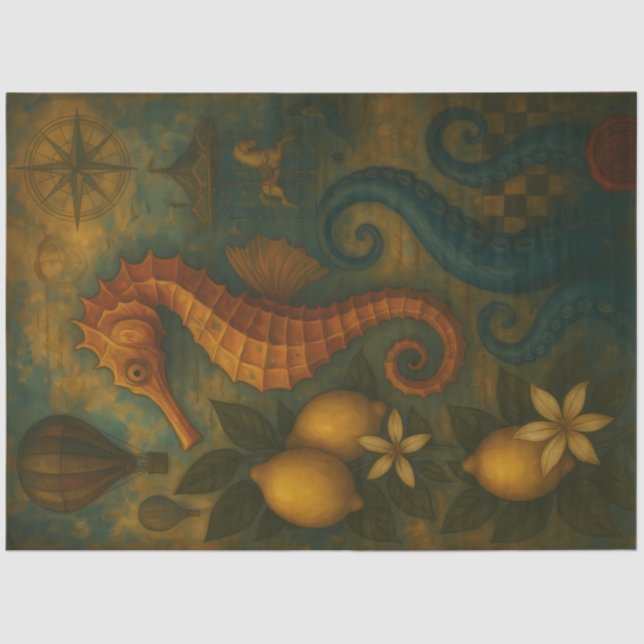 Seahorse with Lemons and Nautical Decoupage Tissue Paper (Front)
