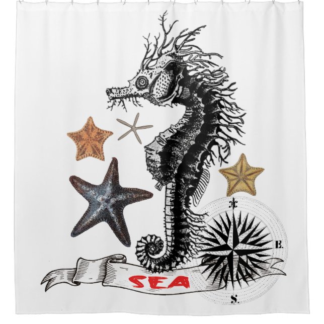 SEAHORSE WITH STARFISH SHOWER CURTAIN (Front)