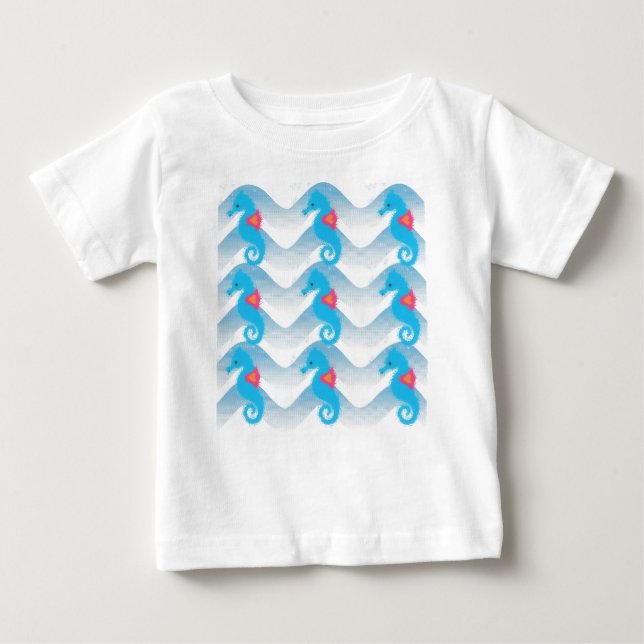 Seahorses And Blue Waves Pattern Baby T-Shirt (Front)