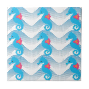 Seahorses And Blue Waves Pattern Ceramic Tile