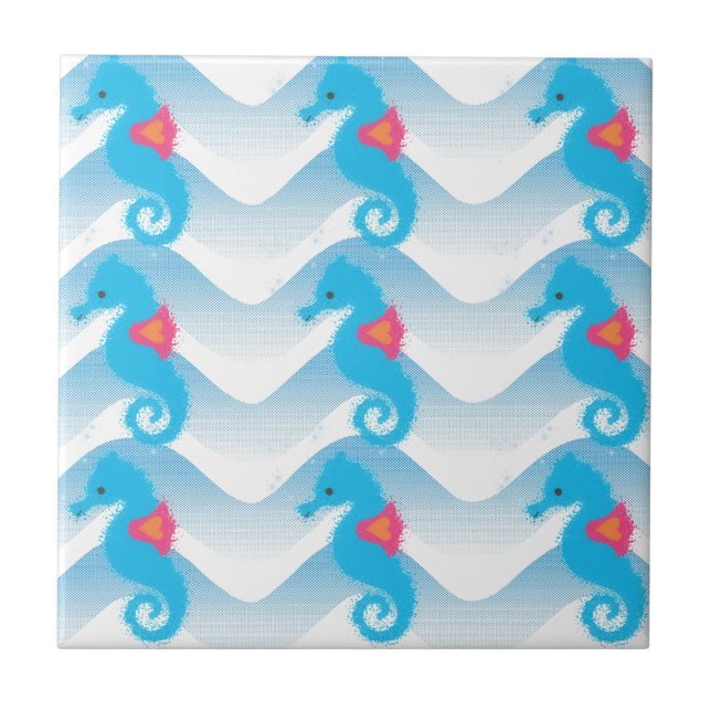 Seahorses And Blue Waves Pattern Ceramic Tile (Front)