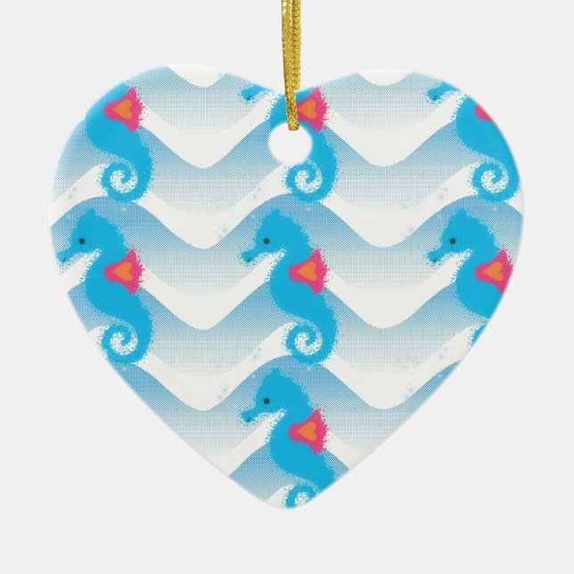 Seahorses And Blue Waves Pattern Ceramic Tree Decoration (Front)