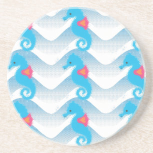 Seahorses And Blue Waves Pattern Coaster