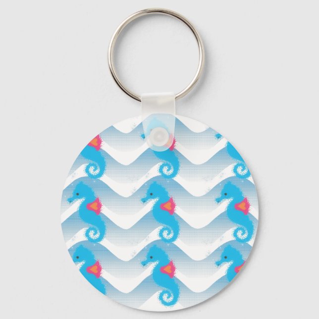 Seahorses And Blue Waves Pattern Key Ring (Front)