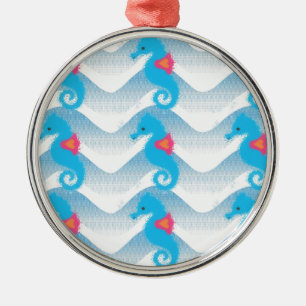 Seahorses And Blue Waves Pattern Metal Ornament