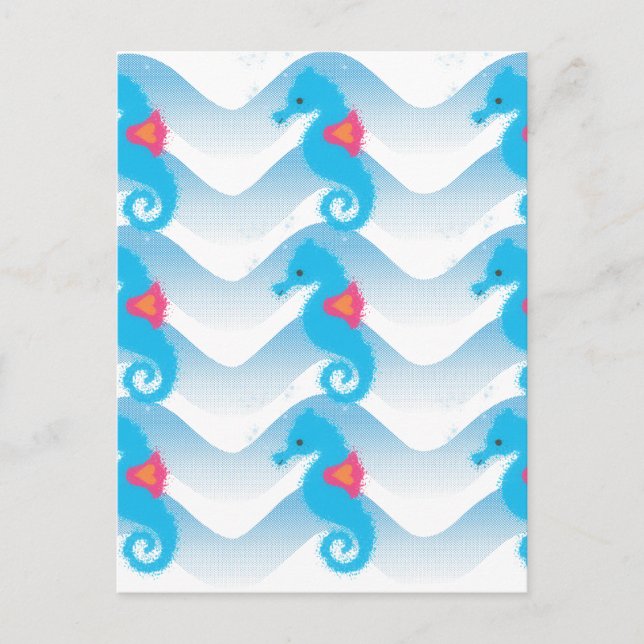 Seahorses And Blue Waves Pattern Postcard (Front)