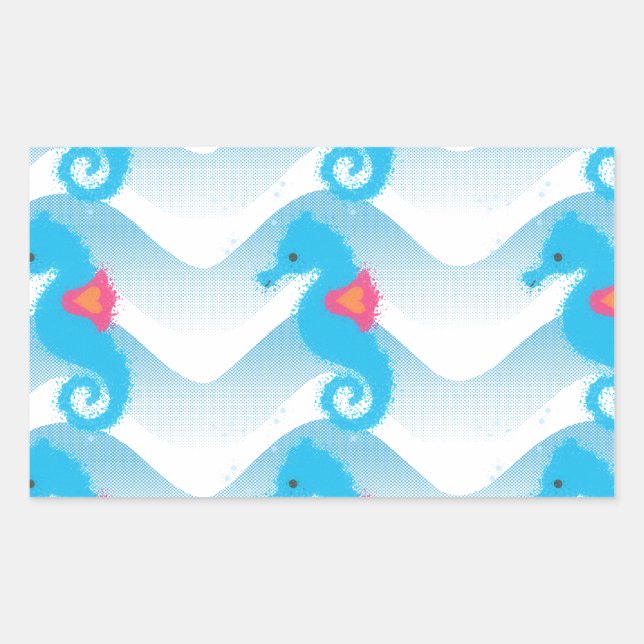 Seahorses And Blue Waves Pattern Rectangular Sticker (Front)