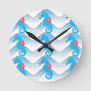 Seahorses And Blue Waves Pattern Round Clock