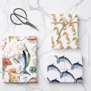 Seahorses and Dauphins,  Marine Life Matching Wrapping Paper Sheet
