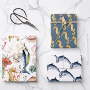 Seahorses and Dauphins, Nautical Matching Designs Wrapping Paper Sheet