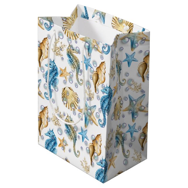Seahorses and Starfish In Bubbles Medium Gift Bag (Back Angled)