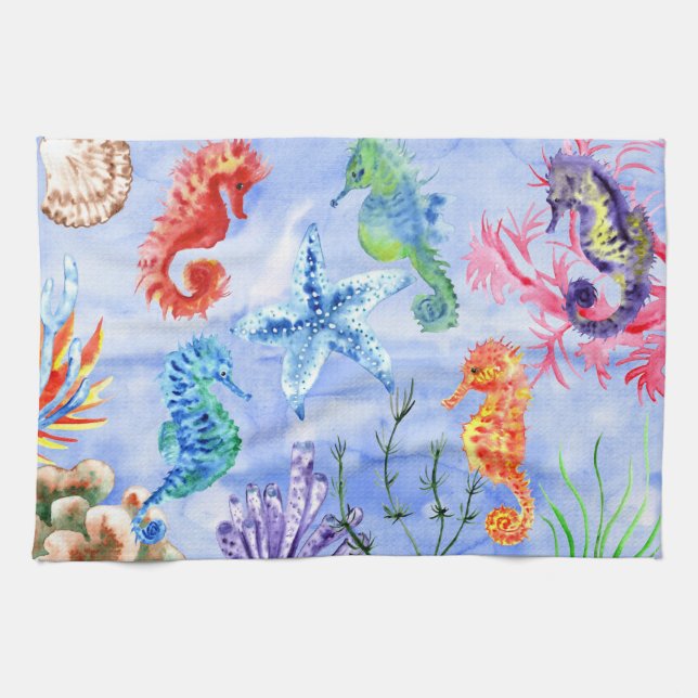 Seahorses And Starfish With Corals Pattern Tea Towel (Horizontal)
