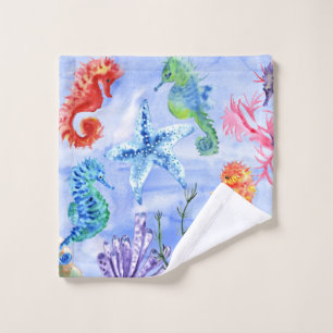 Seahorses And Starfish With Corals Pattern Wash Cloth