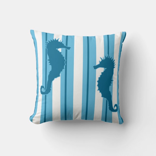 Seahorses and Stripes in Ocean Colours Cushion (Front)