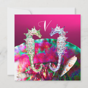 SEAHORSES BEACH WEDDING MONOGRAM, Pink black Invitation