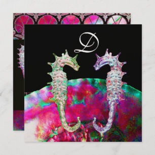SEAHORSES BEACH WEDDING MONOGRAM, pink blue black Invitation