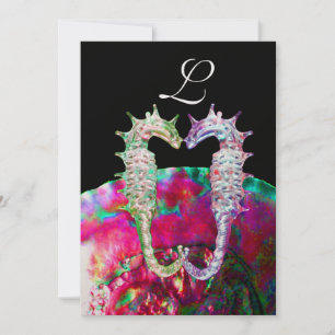 SEAHORSES BEACH WEDDING MONOGRAM, pink blue black Invitation