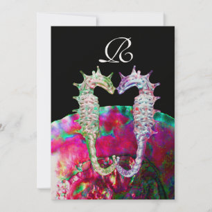 SEAHORSES BEACH WEDDING MONOGRAM, pink blue black Invitation