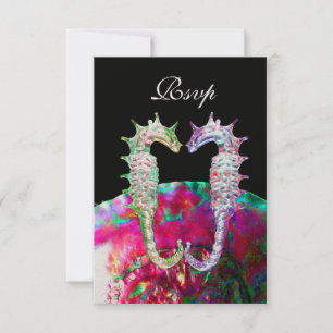 SEAHORSES BEACH WEDDING MONOGRAM,RSVP pink  black RSVP Card
