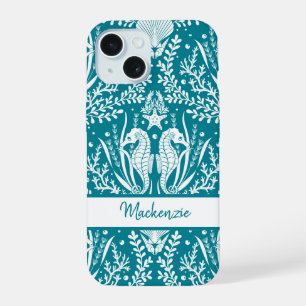 Seahorses Damask Teal Blue White Personalised iPhone 15 Case