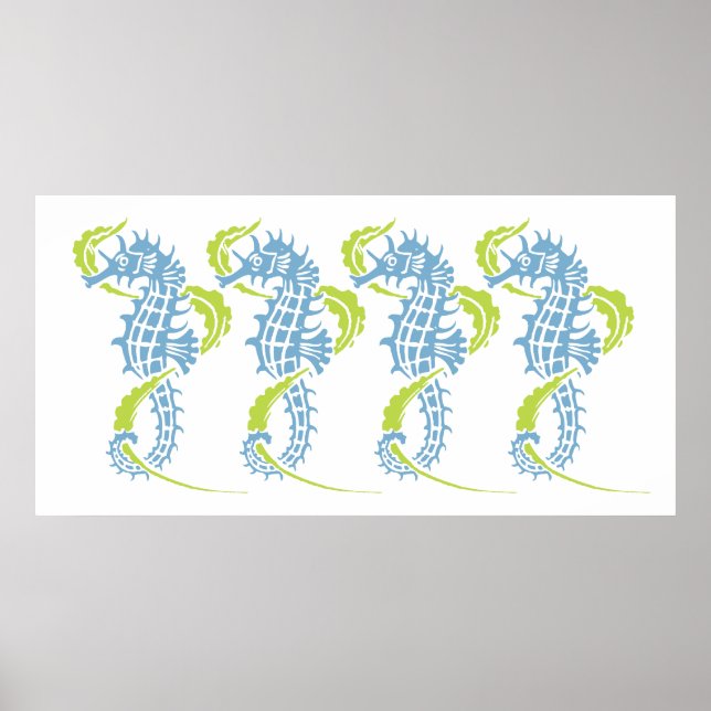 Seahorses dusk blue, lime green and seaweed poster (Front)