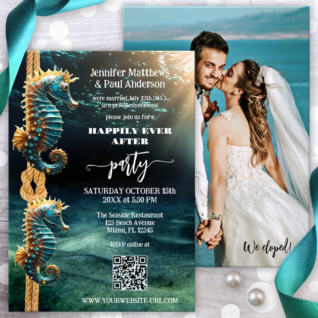Seahorses Happily Ever After Wedding Photo  Invitation (Happily ever after photo wedding invitation featuring seahorses in a magical ocean underwater world)